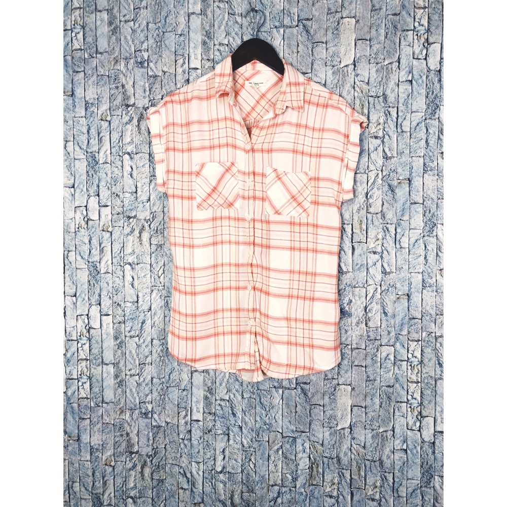 Beach Lunch Lounge Coral Plaid Button Blouse